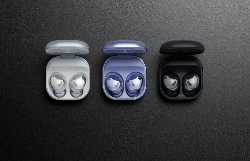 Samsung Galaxy Buds Pro inside case in three different colours