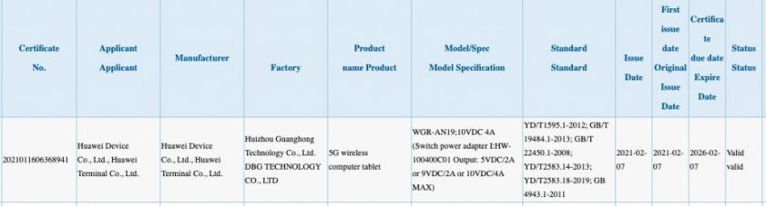 Huawei MatePad 2 Pro 5G 3C certification
