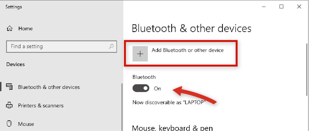 Add Bluetooth or other device settings in Windows
