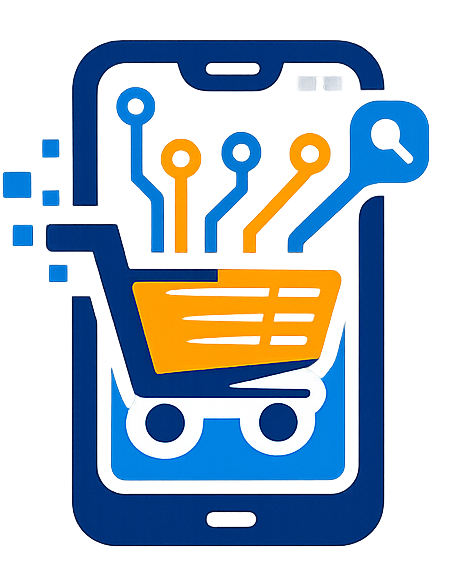 TechBuyGuide modern technology shopping logo featuring a smartphone, shopping cart and digital circuit design.
