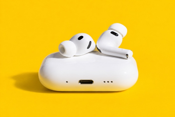 **Alt text:** `White wireless earbuds and charging case on a bright yellow background`
