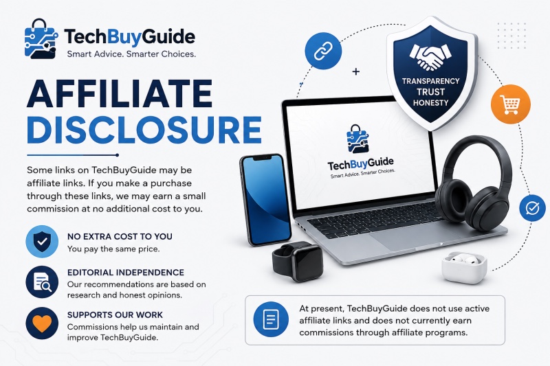TechBuyGuide Affiliate Disclosure explaining affiliate links, no extra cost, editorial independence and transparent recommendations Caption: TechBuyGuide is committed to transpare
