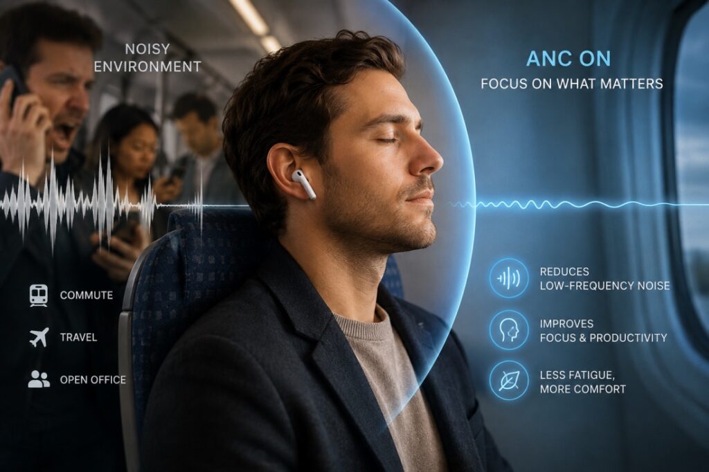 Wireless earbuds with ANC blocking background noise during a noisy commute
