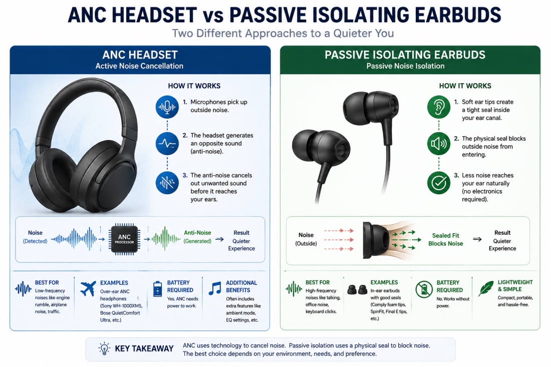 ANC headset versus passive isolating earbuds, showing active noise cancellation compared with physical noise isolation.