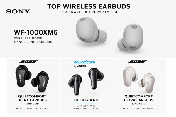 Top wireless earbuds for travel including Sony WF-1000XM6, Bose QuietComfort Ultra Earbuds, and Soundcore Liberty 4 NC
