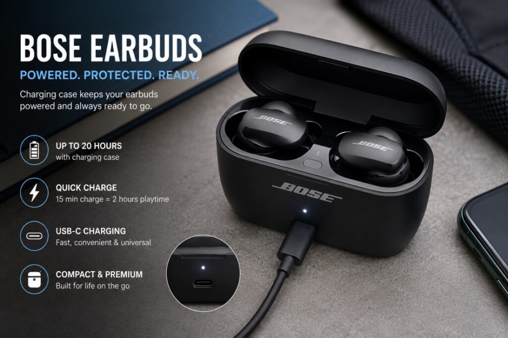 Bose wireless earbuds in an open charging case with USB-C charging cable