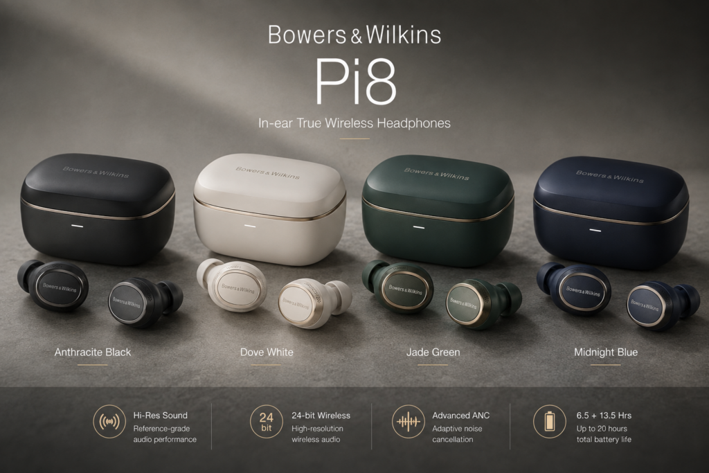 Bowers & Wilkins Pi8 true wireless earbuds in four color options with charging case