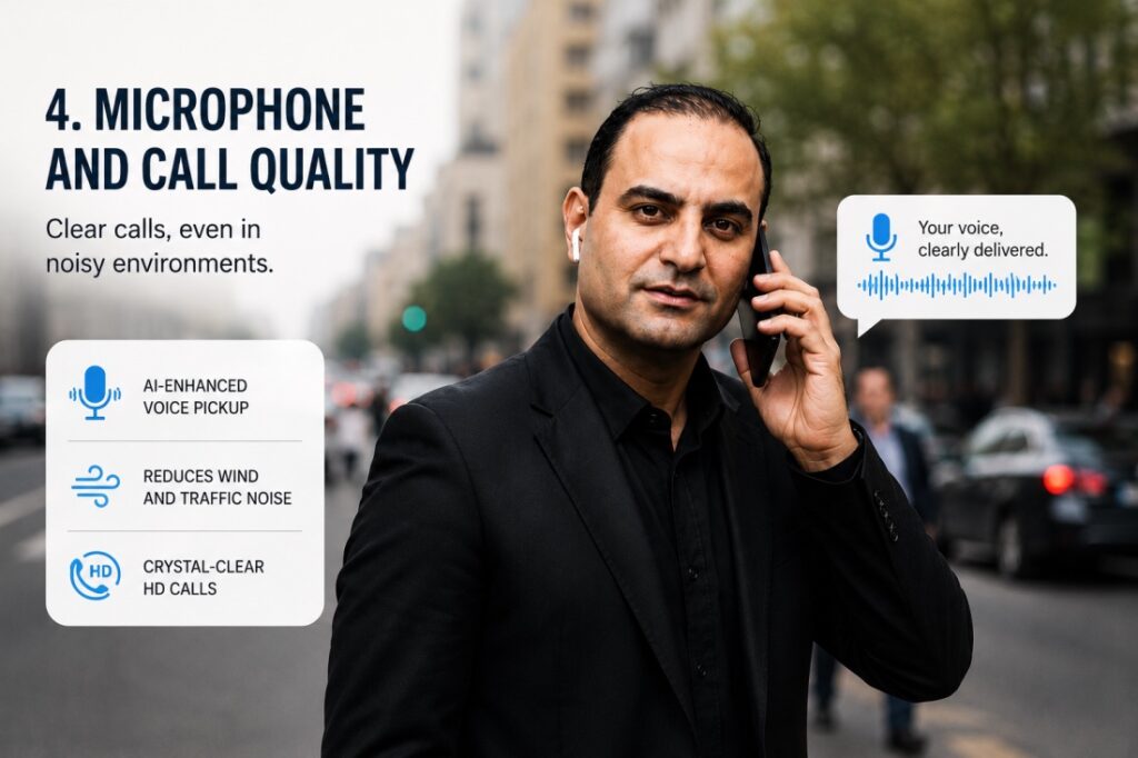 Microphone and call quality of wireless earbuds in a noisy environment