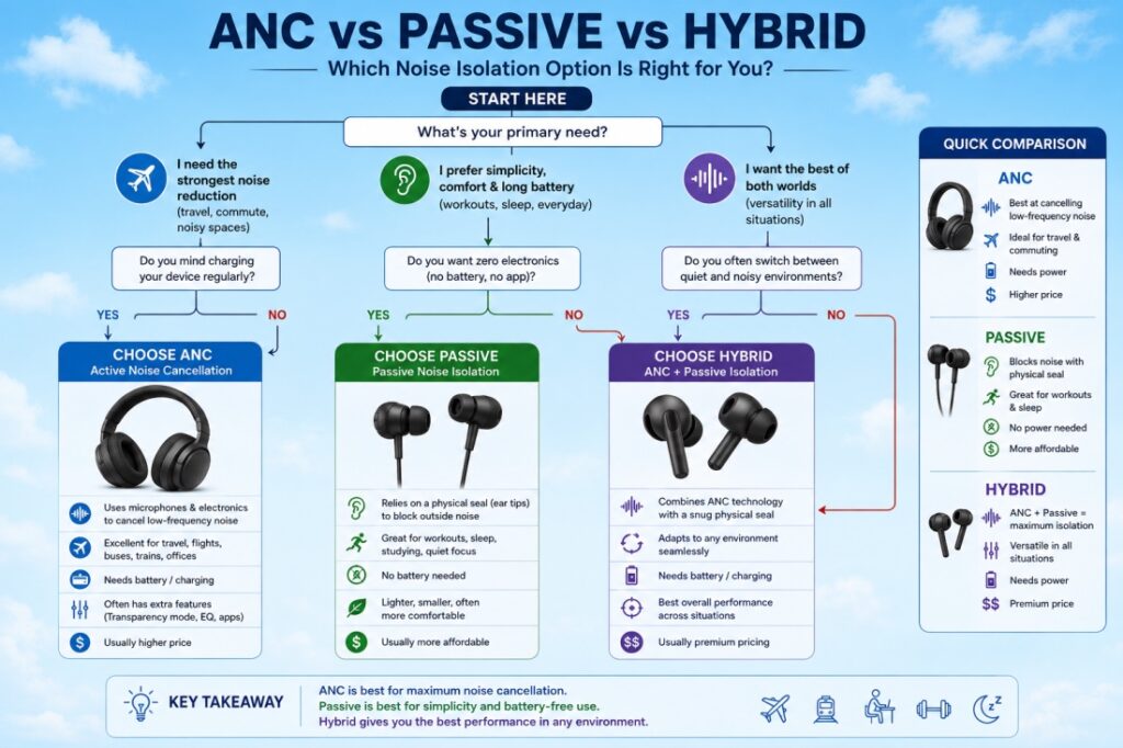 Diagram showing the difference between active noise cancellation electronic waves and passive noise isolation physical barriers.