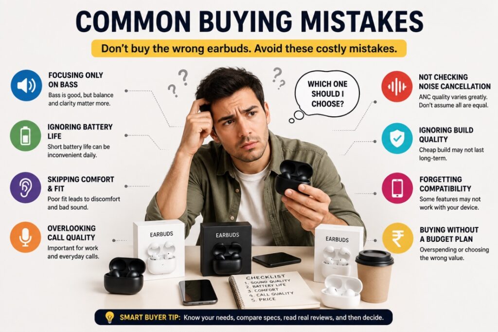 **Alt text:** Confused buyer comparing wireless earbuds while considering sound quality, battery life, comfort, call quality, ANC, compatibility, durability, and price.
