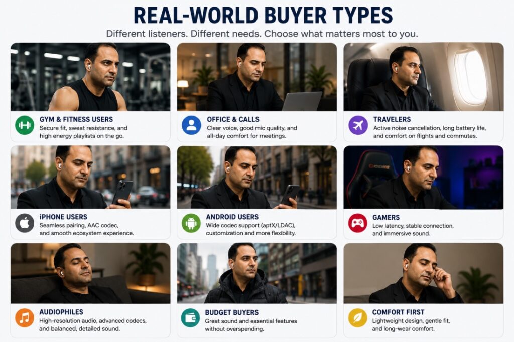 Real-world wireless earbud buyer types for fitness, office, travel, iPhone, Android, gaming, audiophile, budget, and comfort needs.
