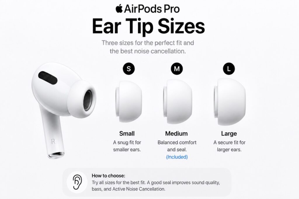 **Alt Text:** AirPods Pro ear tip sizes S, M, and L showing different fit options for comfort and noise cancellation.
