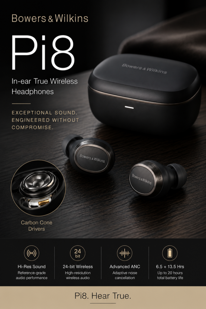 Bowers & Wilkins Pi8 true wireless earbuds in four color options with charging case