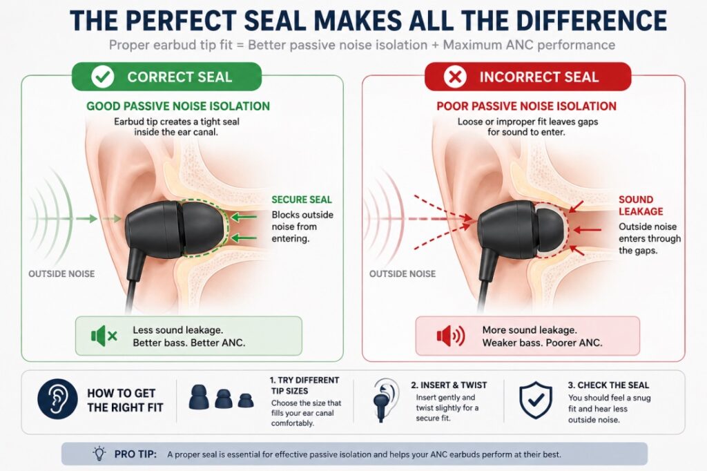 Infographic showing how properly fitted earbud tips create a secure seal for improved passive noise isolation.