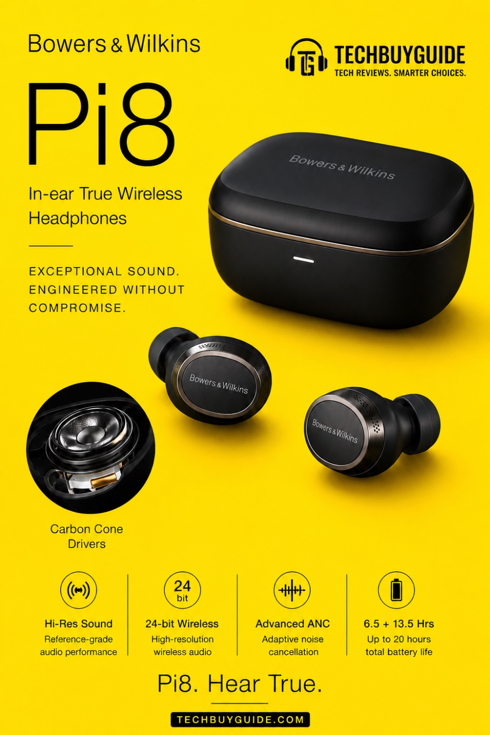 Bowers & Wilkins Pi8 true wireless earbuds with charging case on a yellow TechBuyGuide promotional background