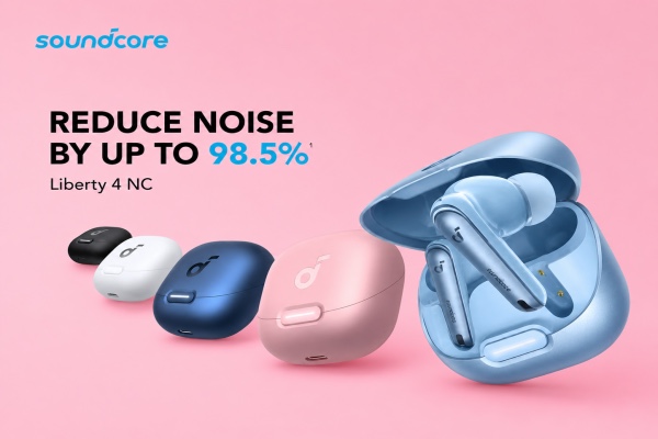 **Alt text:** `Soundcore Liberty 4 NC wireless earbuds and charging cases on a pink background`
