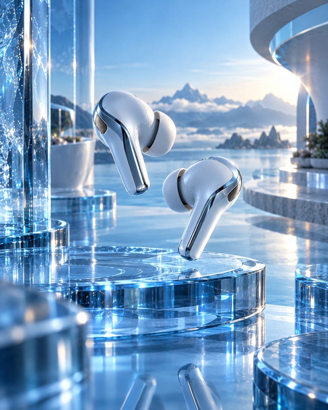 Futuristic white wireless earbuds in a modern futuristic city