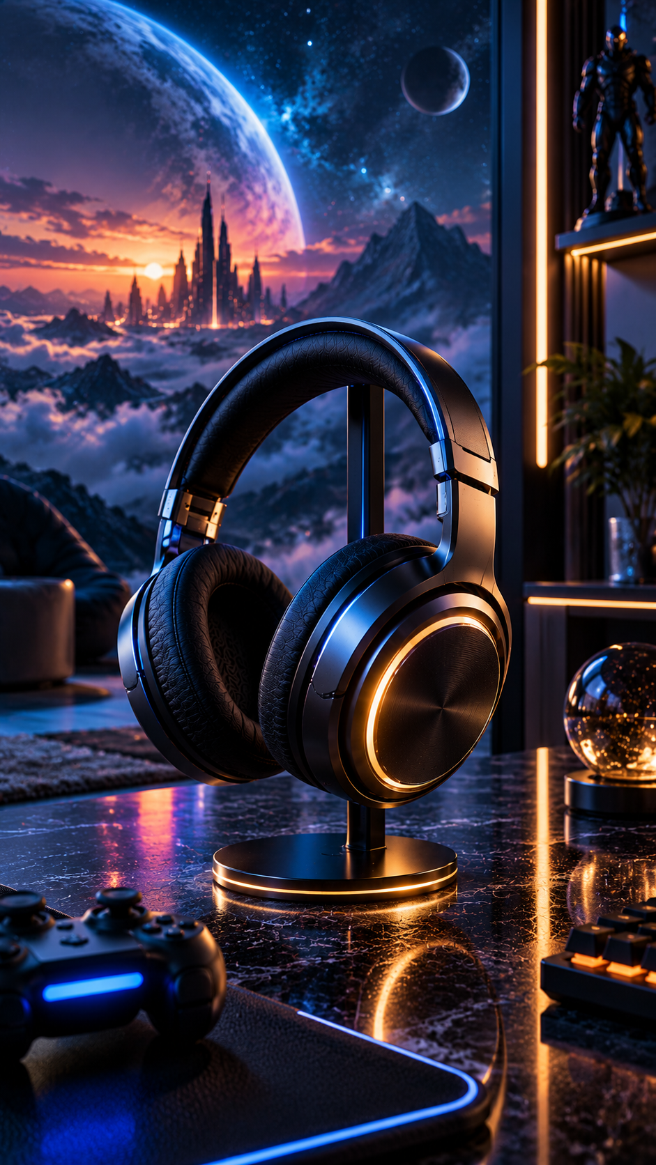 Premium headphones wallpaper with mountain sunrise