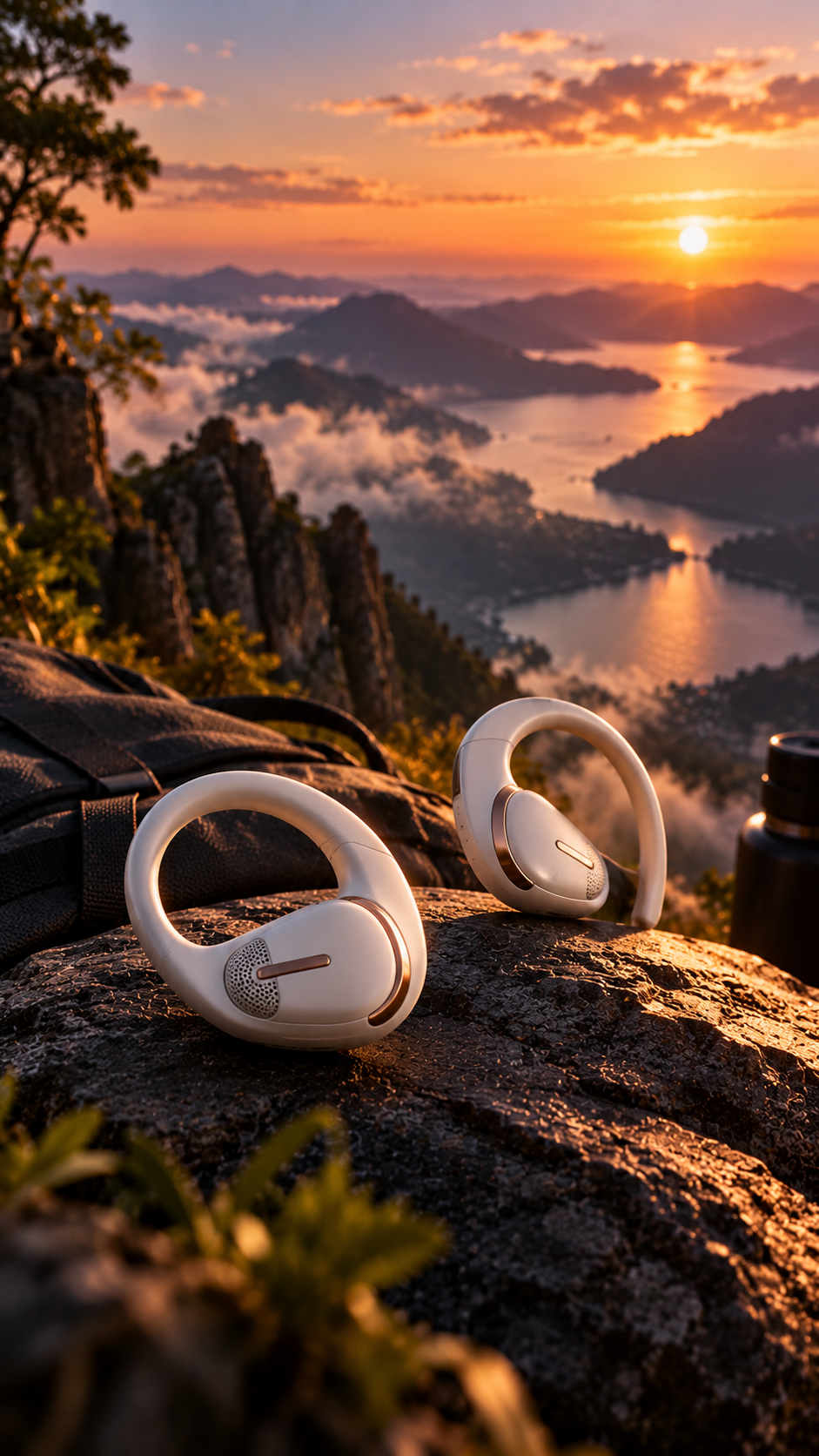 Open-ear earbuds wallpaper with mountain sunset