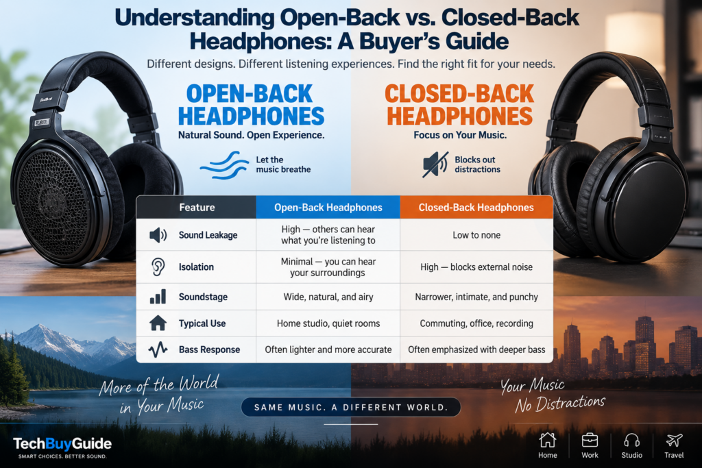 **Alt Text:**
Open-back vs closed-back headphones: a buyer’s guide comparing soundstage, isolation, bass, and everyday use.
