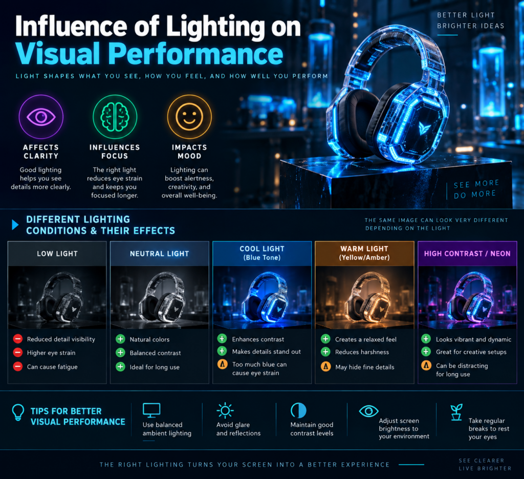 Neon Cyberpunk Headset infographic showing the influence of lighting on visual performance, focus, clarity, and screen viewing