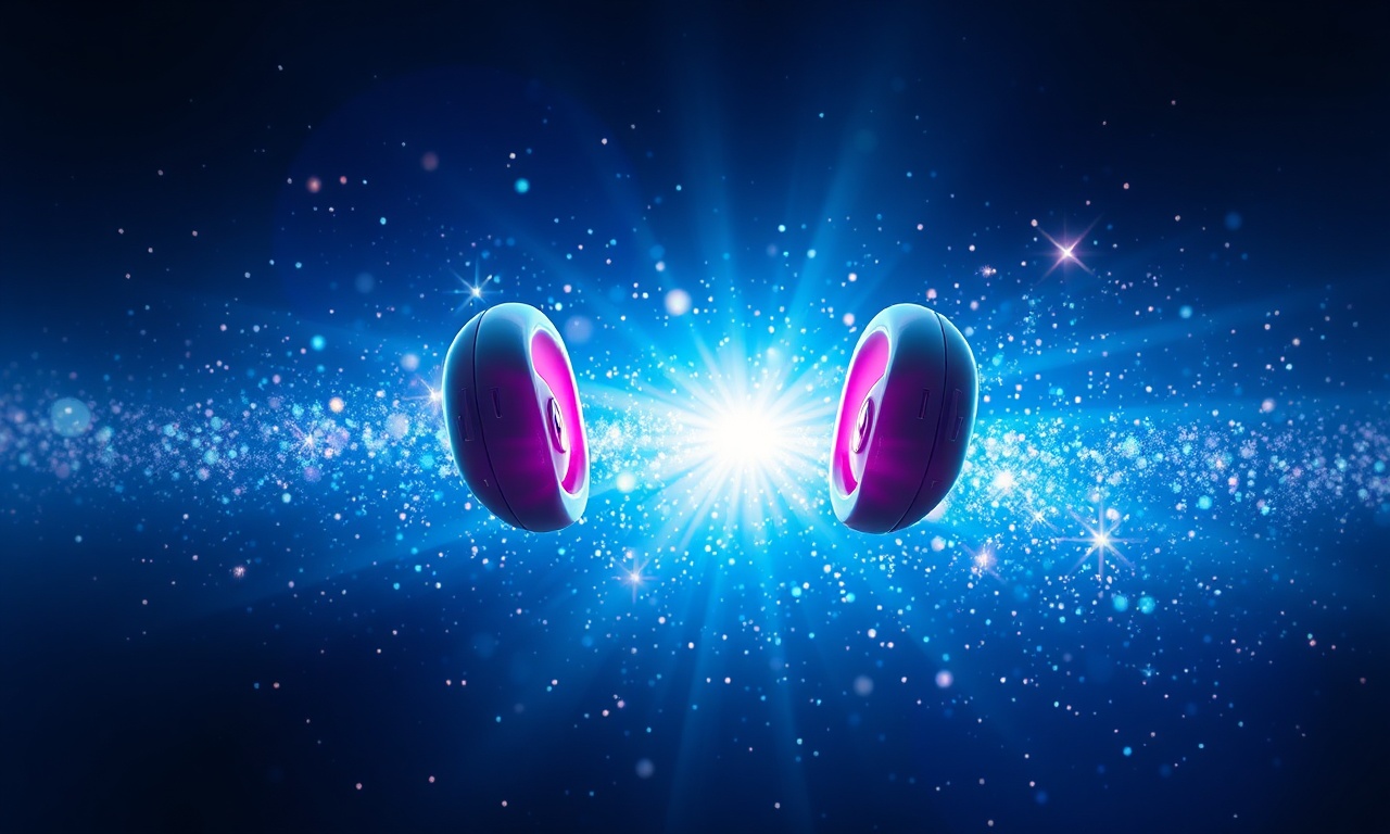 Cybernetic open-ear earbuds floating in an iridescent nebula of colorful stardust