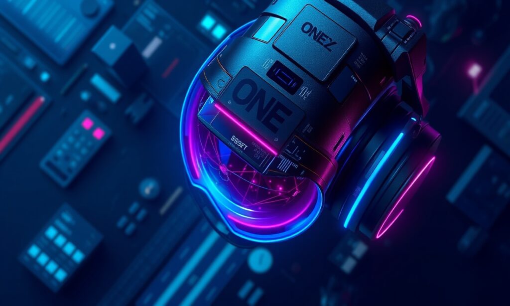 Bioluminescent Forest Headphones Neon cyberpunk camera and lens glowing with blue and pink lights