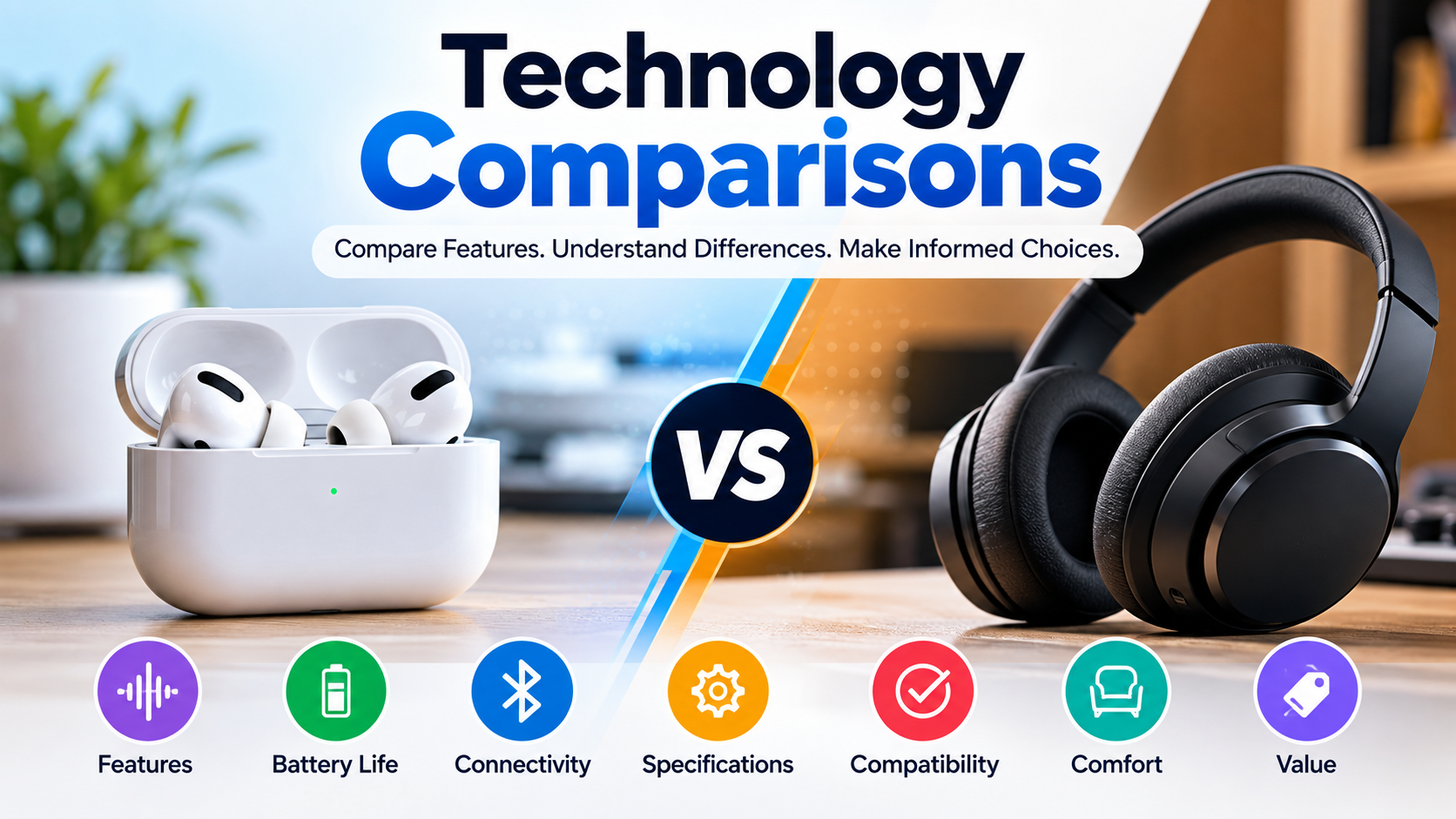 Technology Comparisons featuring earbuds and headphones