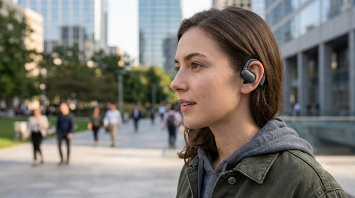 A young woman in a green jacket wearing a dark grey open-ear clip-on wireless earbud, standing in a modern city plaza with a softly blurred background of pedestrians and tall buildings.