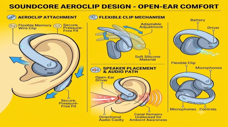 An infographic on a yellow background titled 'Soundcore AeroClip Design - Open-Ear Comfort', featuring illustrations of the earbud worn on an ear to highlight its secure, flexible memory wire clip, alongside diagrams demonstrating its adaptable bending mechanism, its unblocked directional audio path, and callouts identifying its internal battery, driver, microphones, and controls.