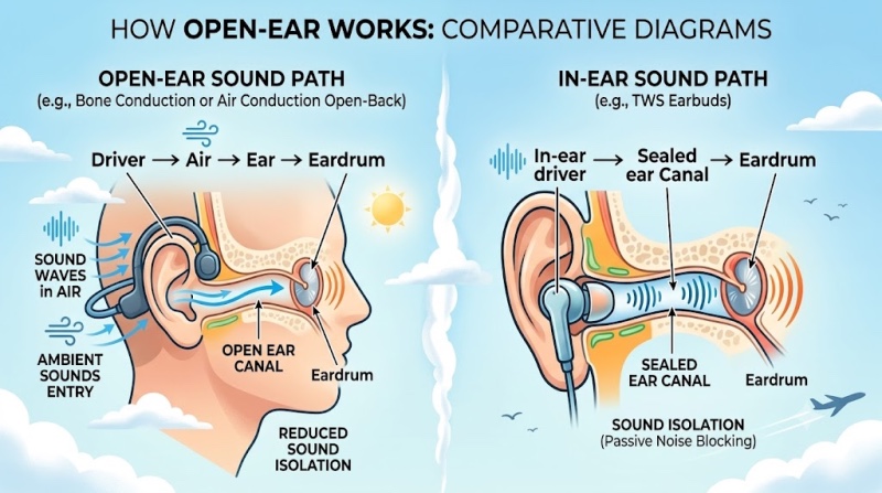 A side-by-side diagram set against a sky background comparing how sound travels through an unblocked open-ear path versus a sealed in-ear path.